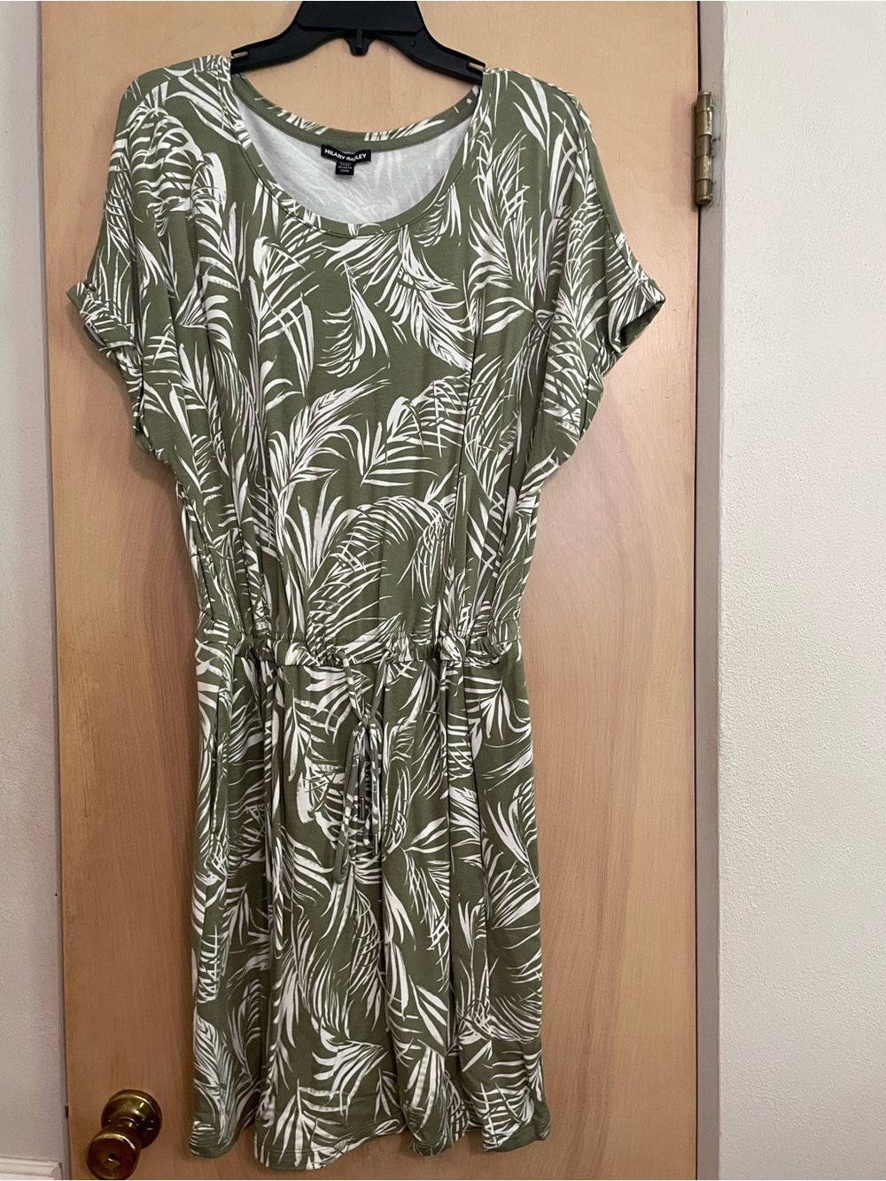 Hilary Radley Olive Green & White Palm-Print Drawstring Midi Dress